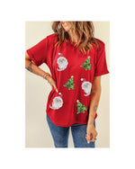 Red Santa Clause Christmas Tree Print Tee - S
