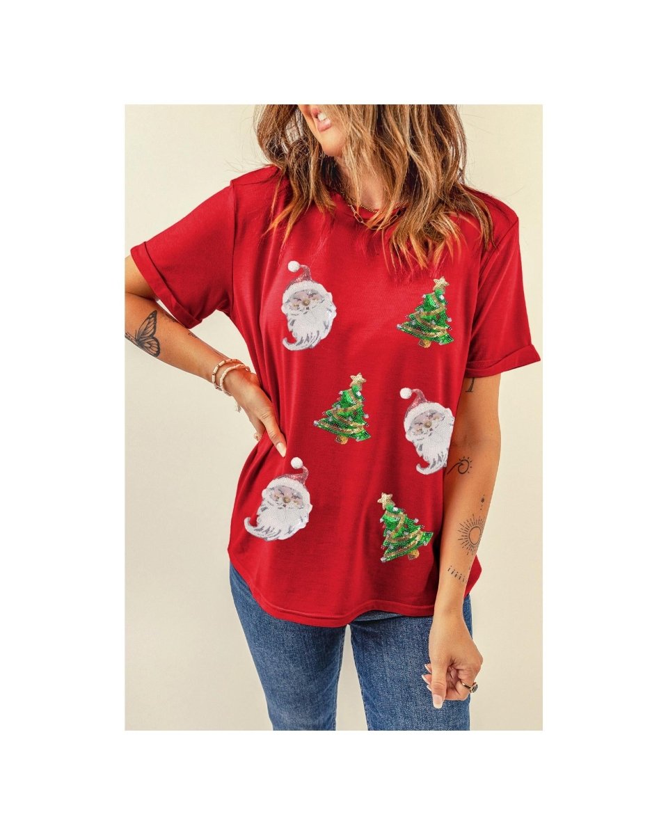 Red Santa Clause Christmas Tree Print Tee - S