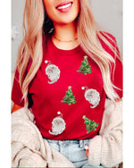 Red Santa Clause Christmas Tree Print Tee - S