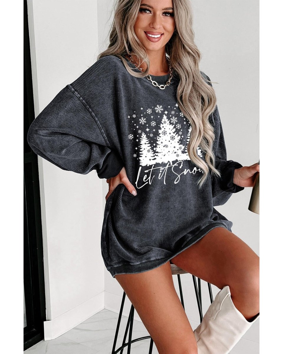 Gray Christmas Tree Flake Graphic Corded Sweatshirt - XL