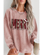 Pink MERRY Christmas Plaid Leopard Print Corded Sweatshirt - L