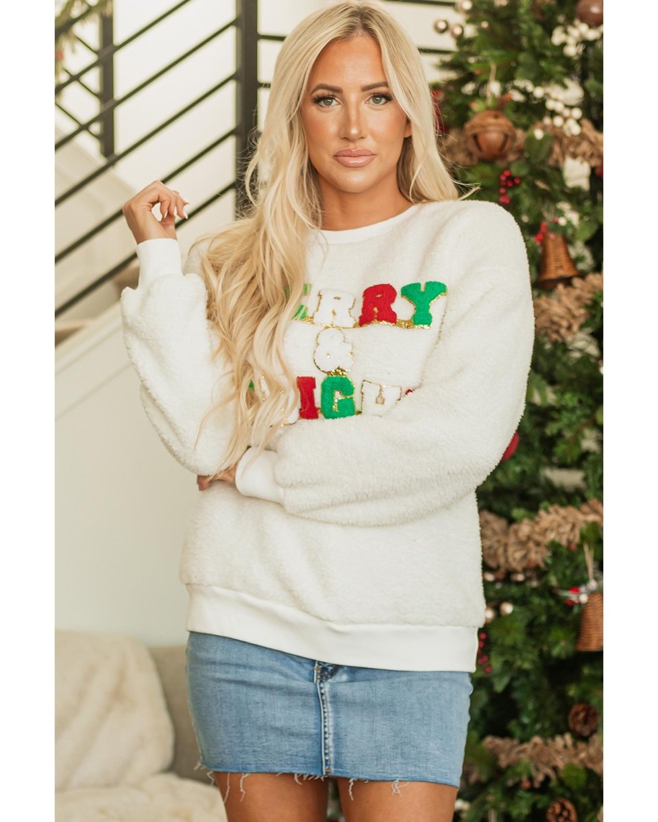 White Christmas MERRY & Bright Chenille Graphic Sherpa Sweatshirt - L