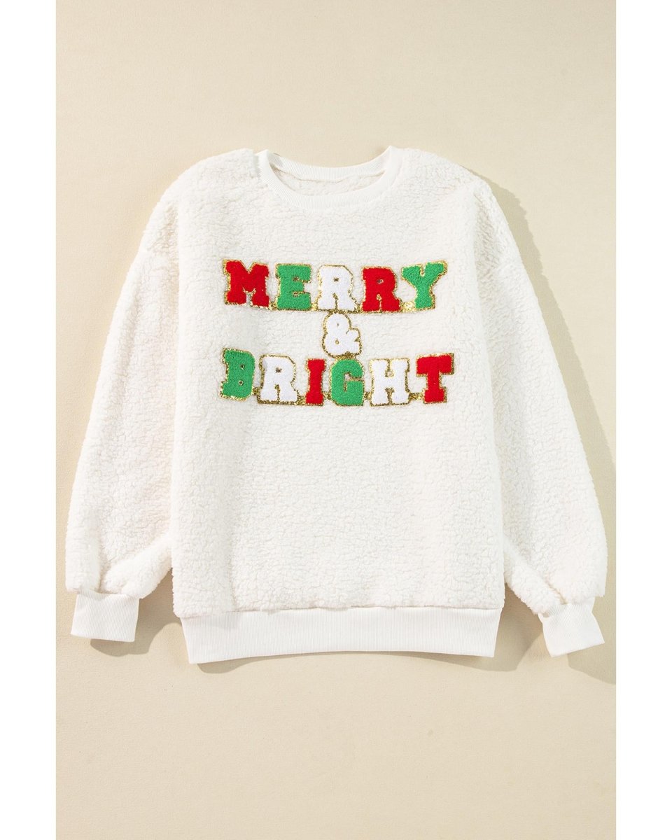 White Christmas MERRY & Bright Chenille Graphic Sherpa Sweatshirt - S
