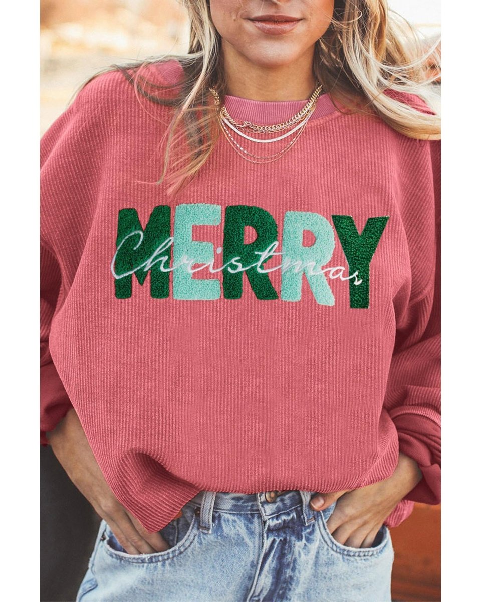 Strawberry Pink MERRY Christmas Corded Pullover Sweatshirt - L