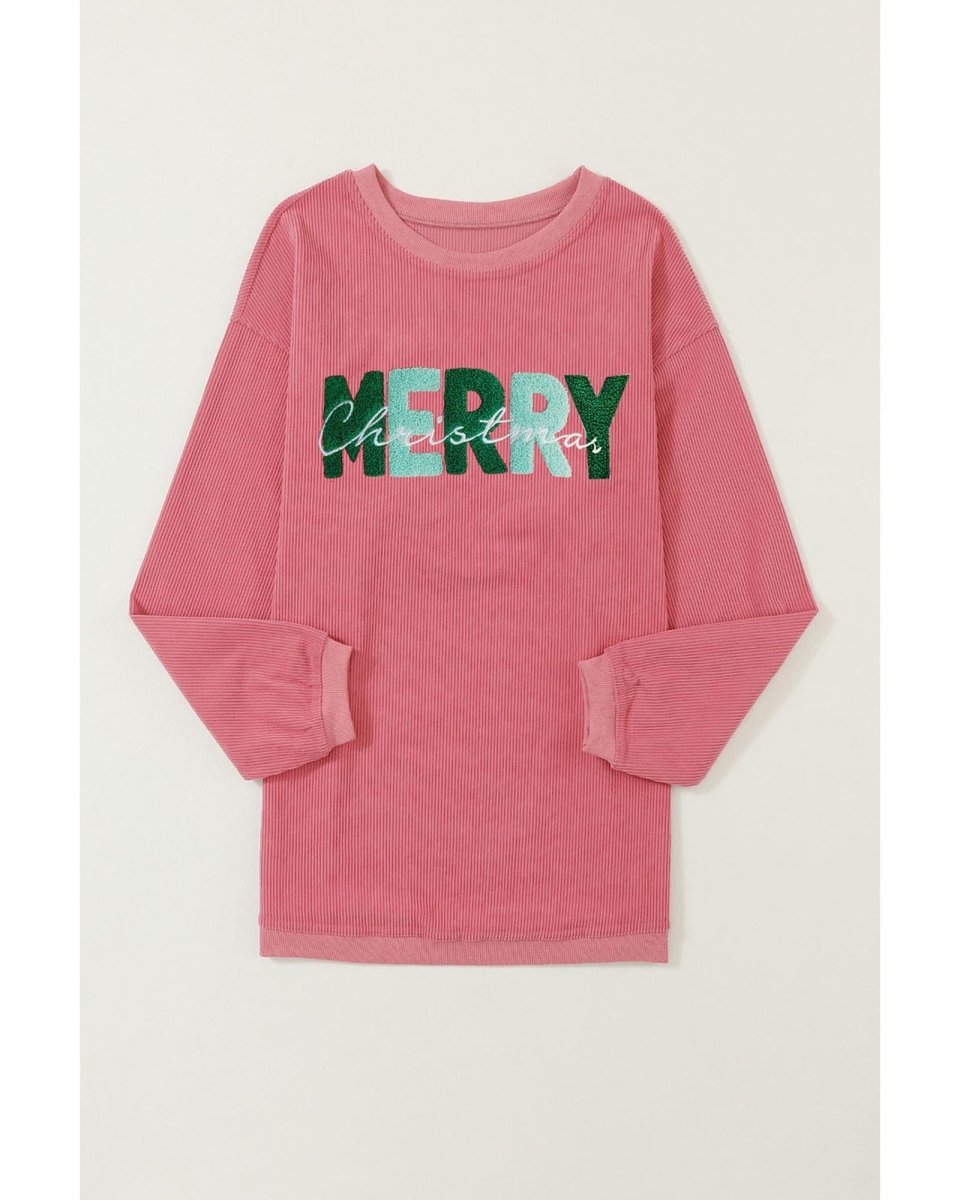 Strawberry Pink MERRY Christmas Corded Pullover Sweatshirt - L