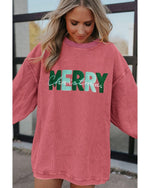 Strawberry Pink MERRY Christmas Corded Pullover Sweatshirt - S