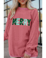 Strawberry Pink MERRY Christmas Corded Pullover Sweatshirt - S