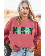 Strawberry Pink MERRY Christmas Corded Pullover Sweatshirt - S