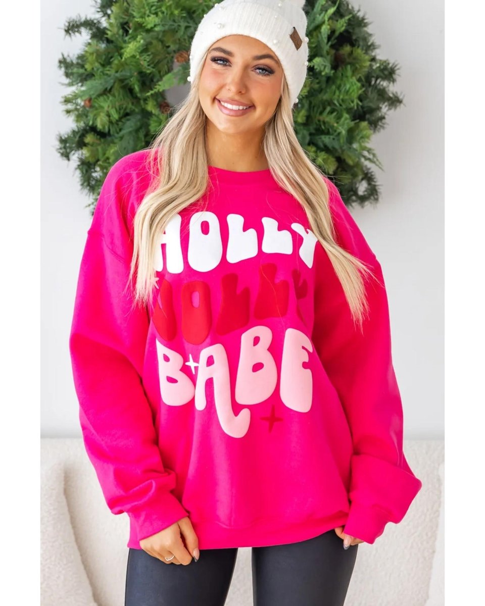 Rose Red Christmas Holly Jolly Babe Graphic Oversized Sweatshirt - L
