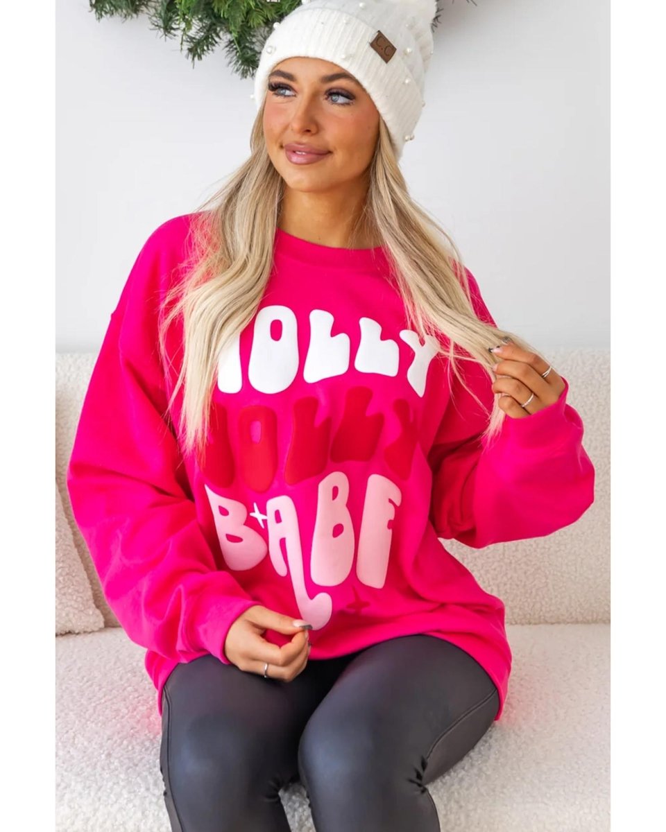 Rose Red Christmas Holly Jolly Babe Graphic Oversized Sweatshirt - L