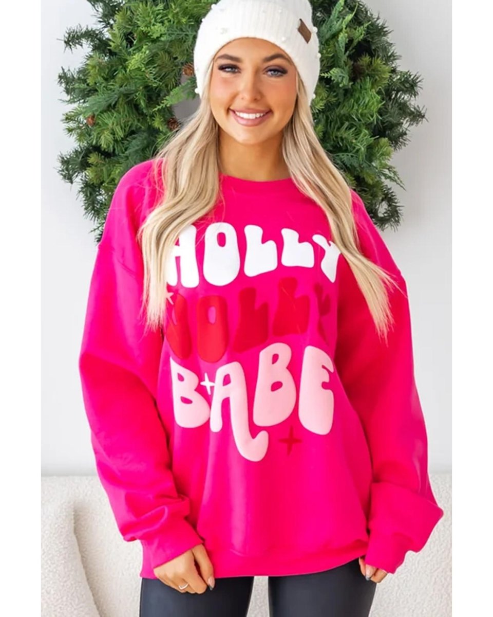 Rose Red Christmas Holly Jolly Babe Graphic Oversized Sweatshirt - L