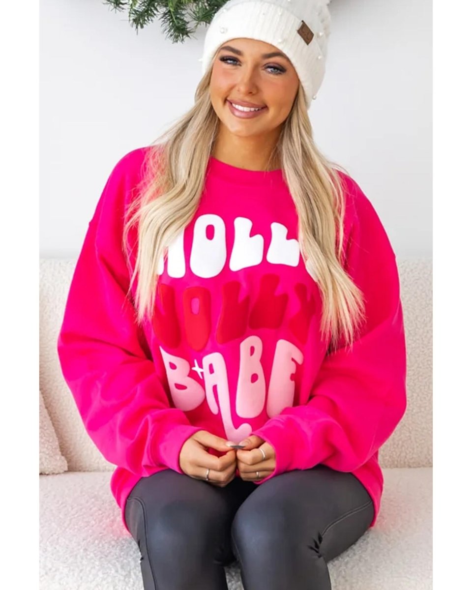 Rose Red Christmas Holly Jolly Babe Graphic Oversized Sweatshirt - M
