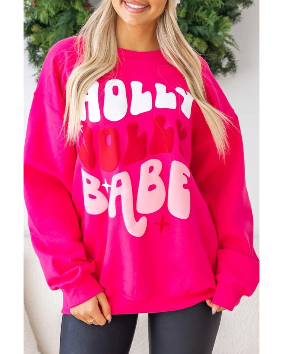 Rose Red Christmas Holly Jolly Babe Graphic Oversized Sweatshirt - S