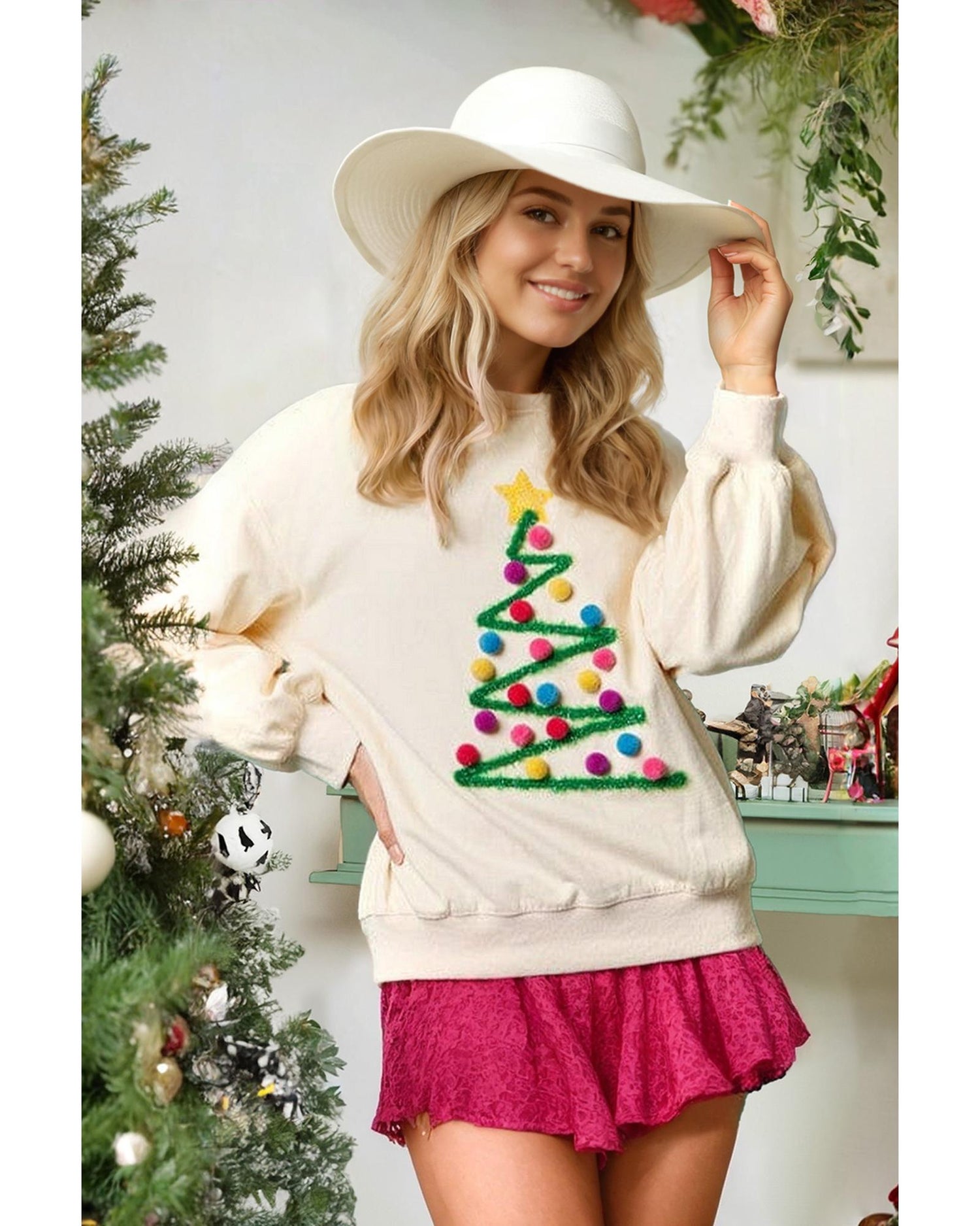 Beige Pom-Pom Christmas Tree Pattern O Neck Sweatshirt - L