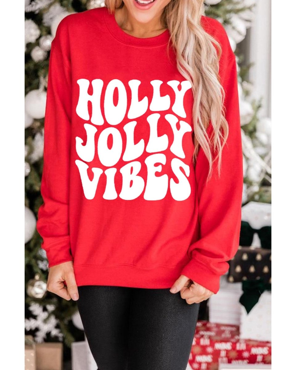 Red HOLLY JOLLY VIBES Graphic Crewneck Christmas Sweatshirt - 2XL