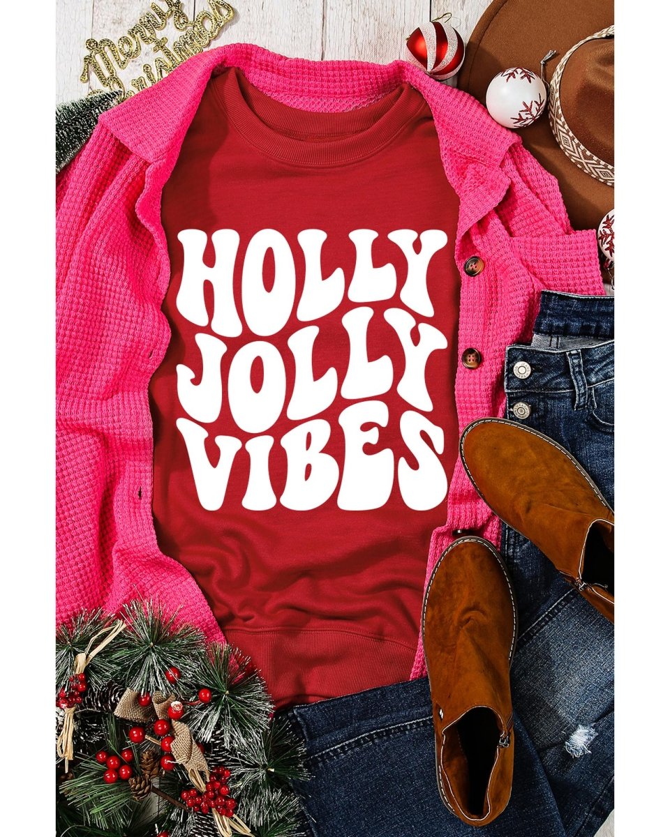 Red HOLLY JOLLY VIBES Graphic Crewneck Christmas Sweatshirt - XL