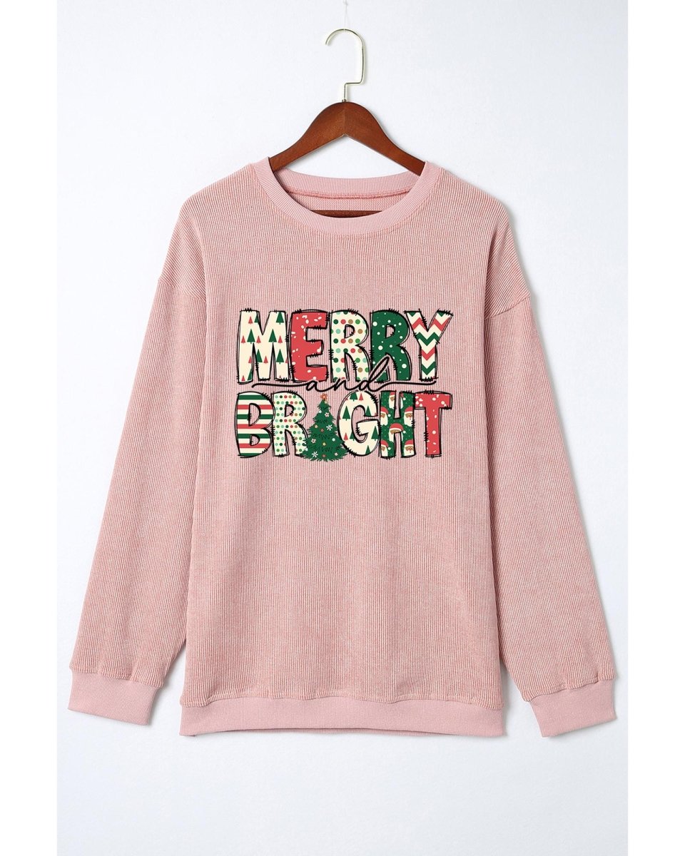 Pink MERRY and BRIGHT Christmas Tree Print Ribbed Sweatshirt - L