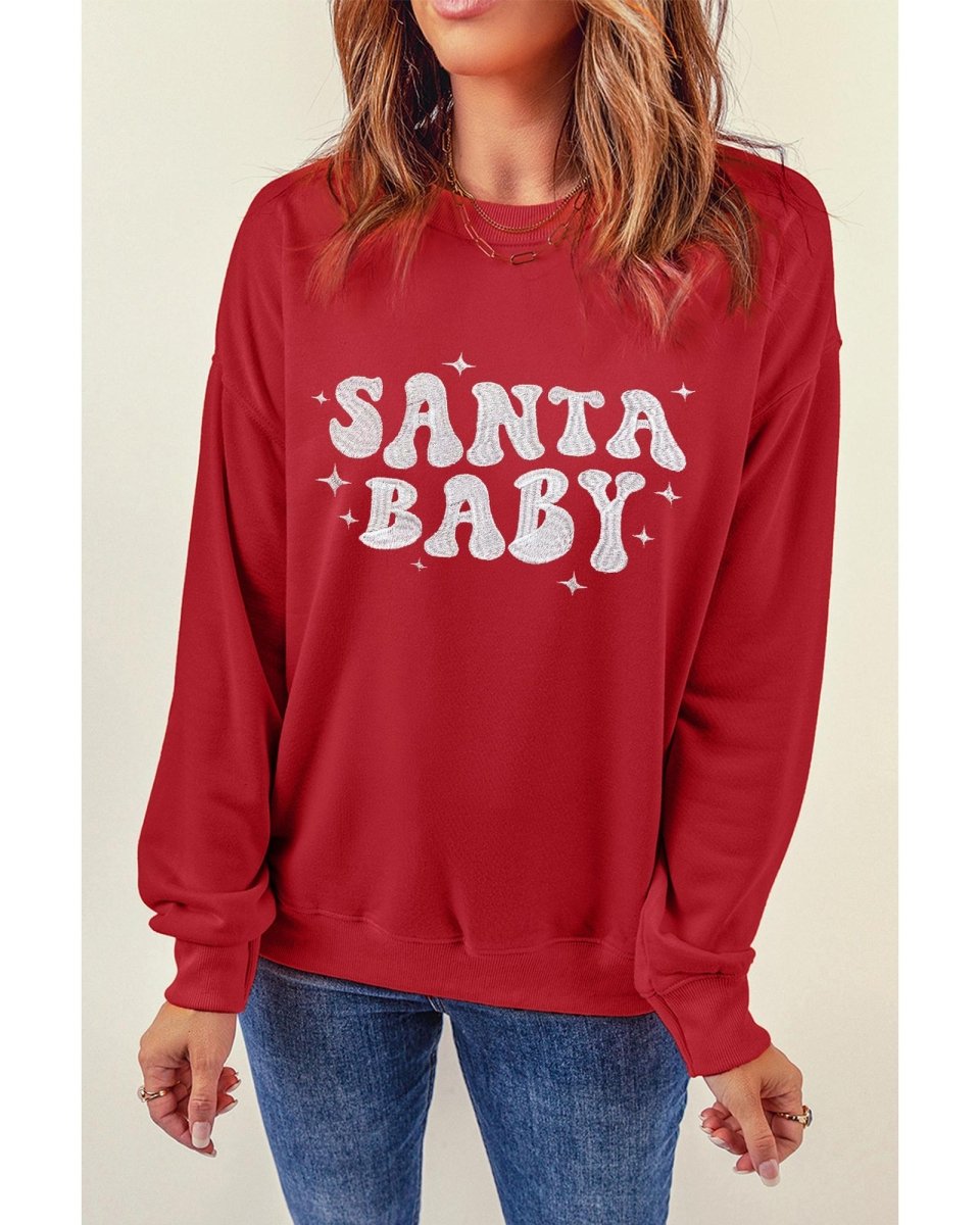 Red SANTA BABY Embroidered Crewneck Christmas Sweatshirt - 2XL