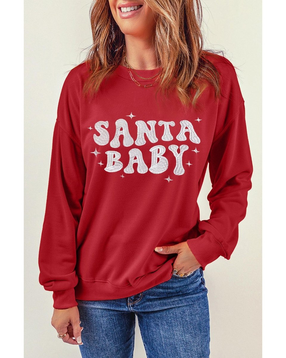 Red SANTA BABY Embroidered Crewneck Christmas Sweatshirt - S