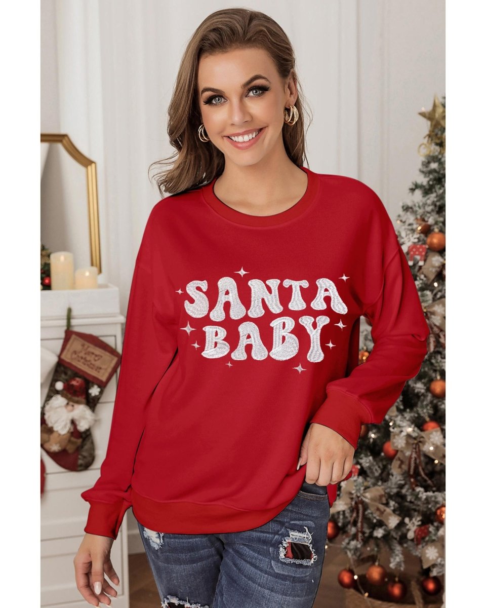 Red SANTA BABY Embroidered Crewneck Christmas Sweatshirt - S