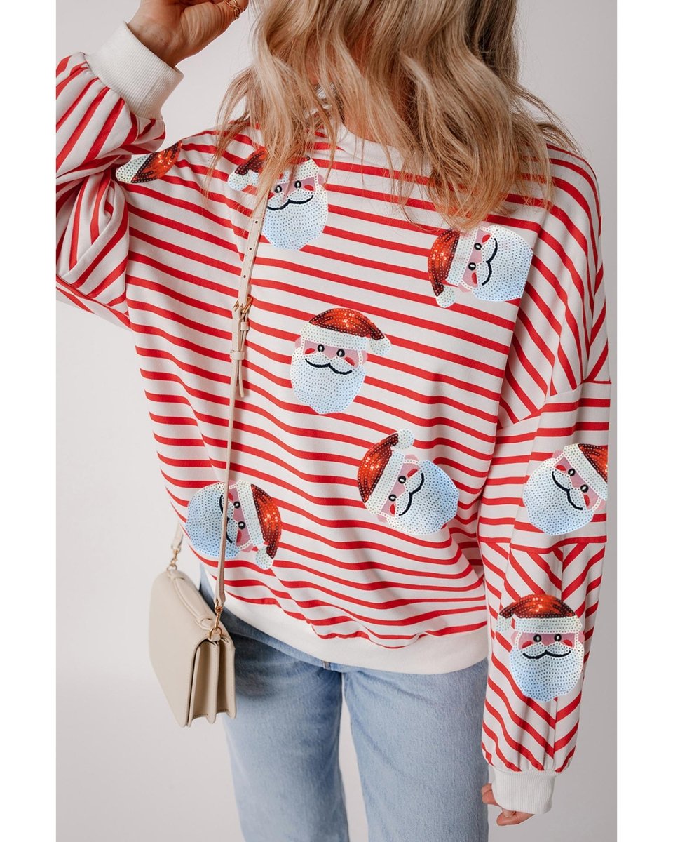Orange Stripe Striped Sequin Santa Claus Pattern Christmas Pullover Sweatshirt - L