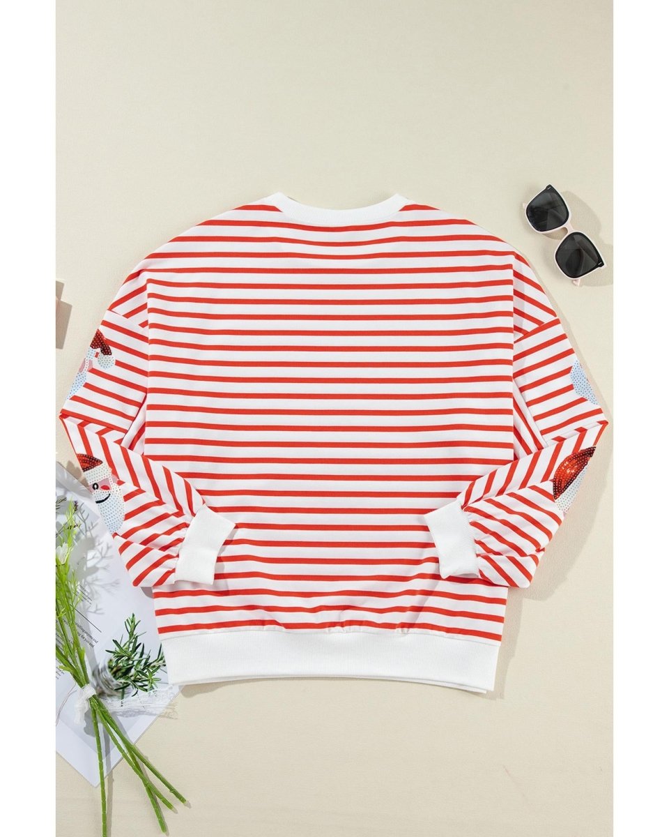 Orange Stripe Striped Sequin Santa Claus Pattern Christmas Pullover Sweatshirt - L
