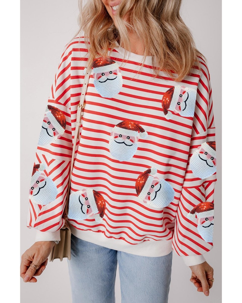 Orange Stripe Striped Sequin Santa Claus Pattern Christmas Pullover Sweatshirt - M