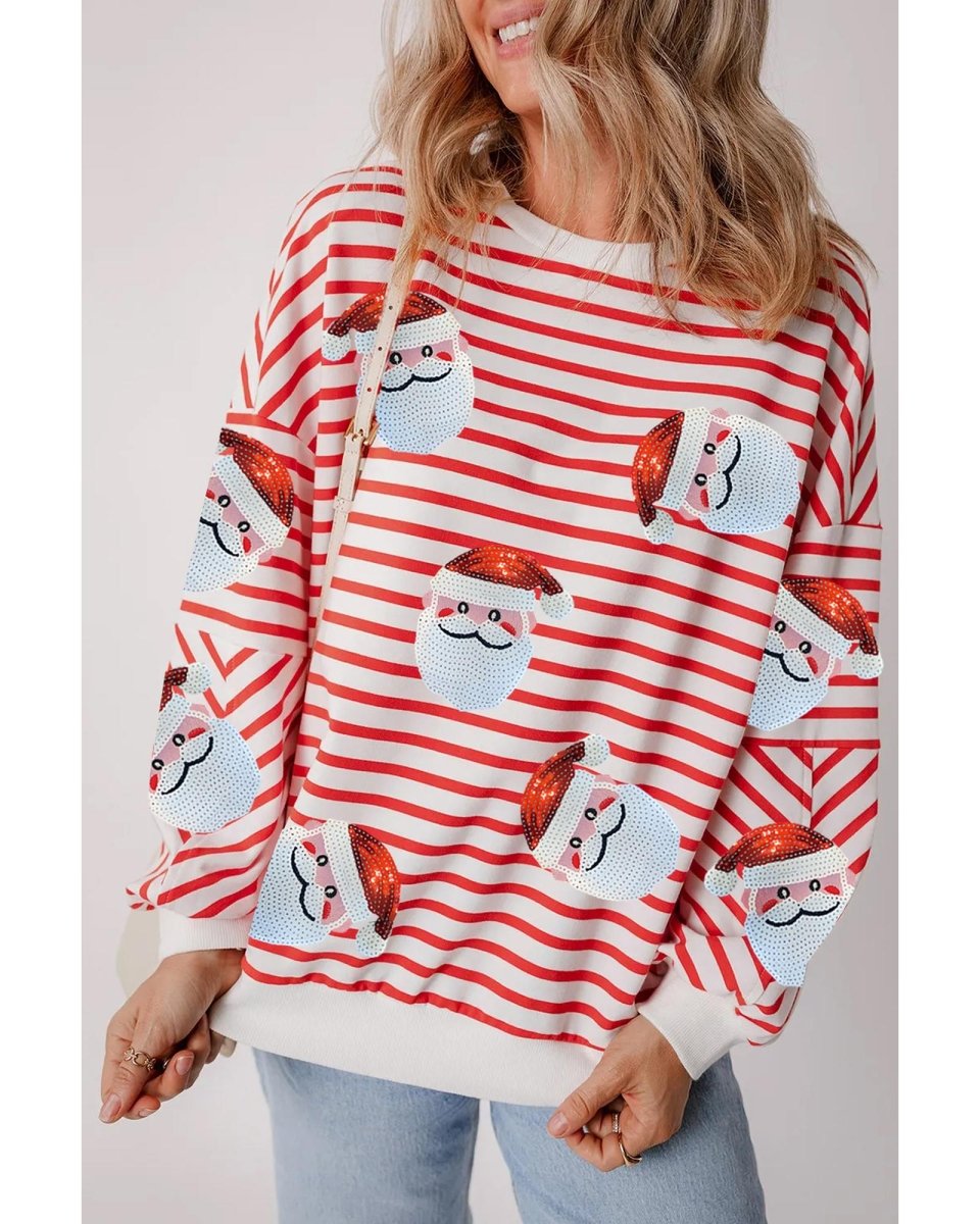Orange Stripe Striped Sequin Santa Claus Pattern Christmas Pullover Sweatshirt - S