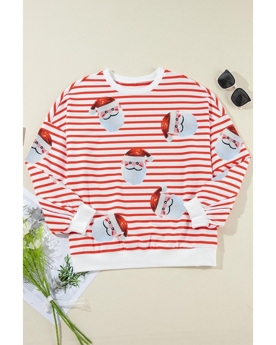 Orange Stripe Striped Sequin Santa Claus Pattern Christmas Pullover Sweatshirt - S
