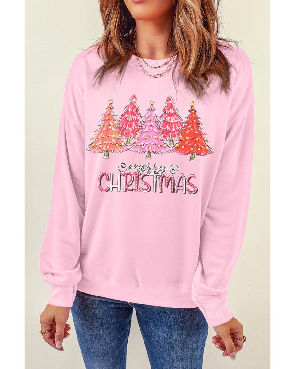 Pink Rhinestone Merry CHRISTMAS Christmas Tree Graphic Sweatshirt - XL