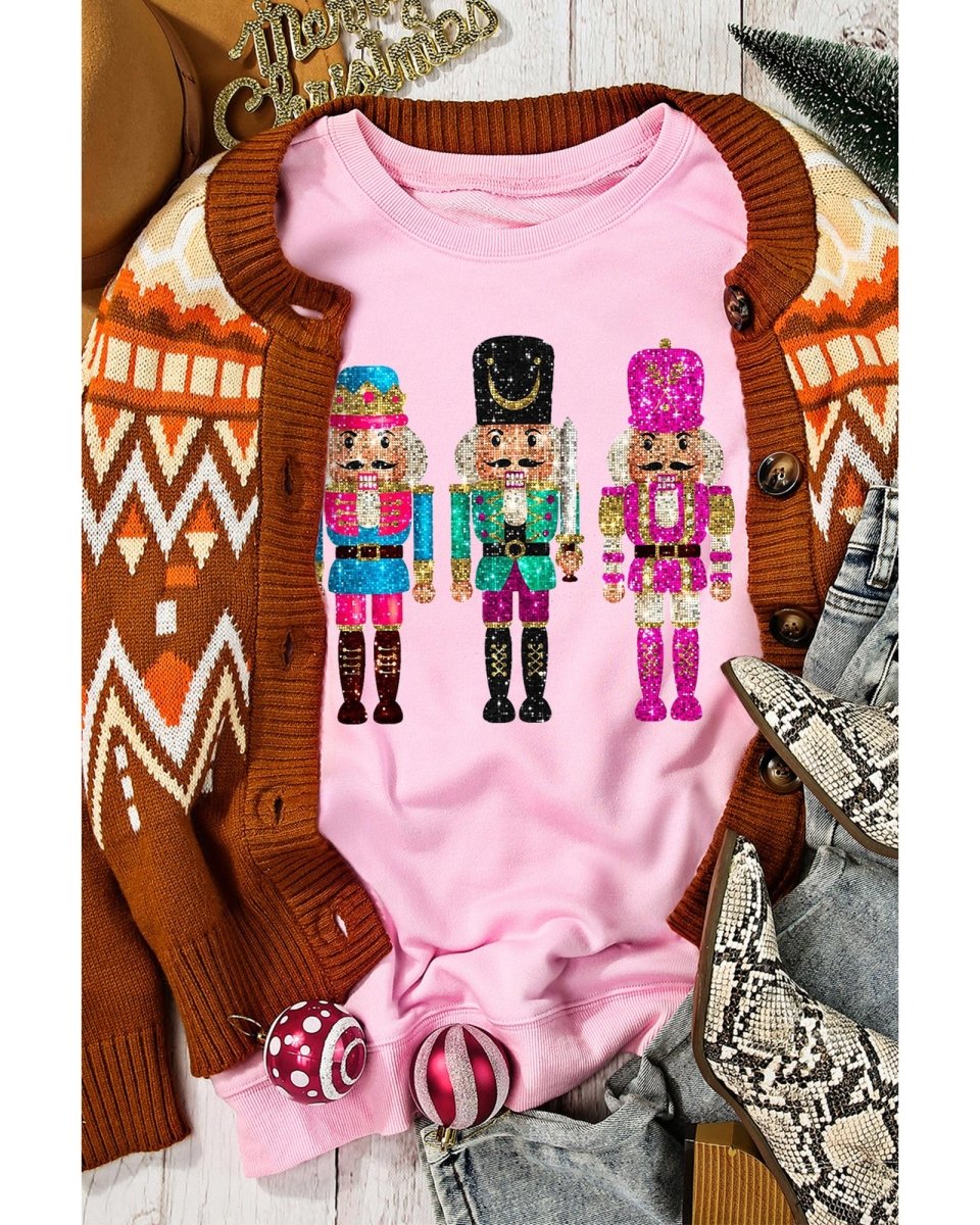 Pink Cute Nutcracker Printed Drop Shoulder Christmas Sweatshirt - 2XL