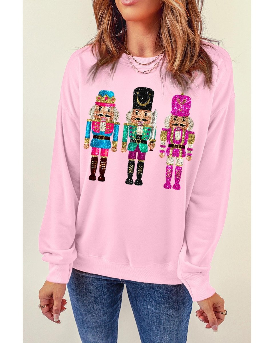Pink Cute Nutcracker Printed Drop Shoulder Christmas Sweatshirt - 2XL