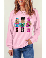 Pink Cute Nutcracker Printed Drop Shoulder Christmas Sweatshirt - 2XL