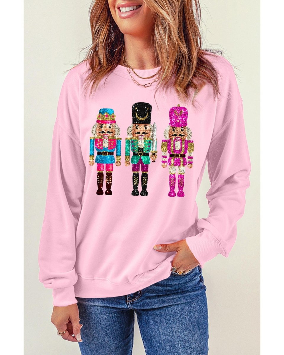 Pink Cute Nutcracker Printed Drop Shoulder Christmas Sweatshirt - 2XL