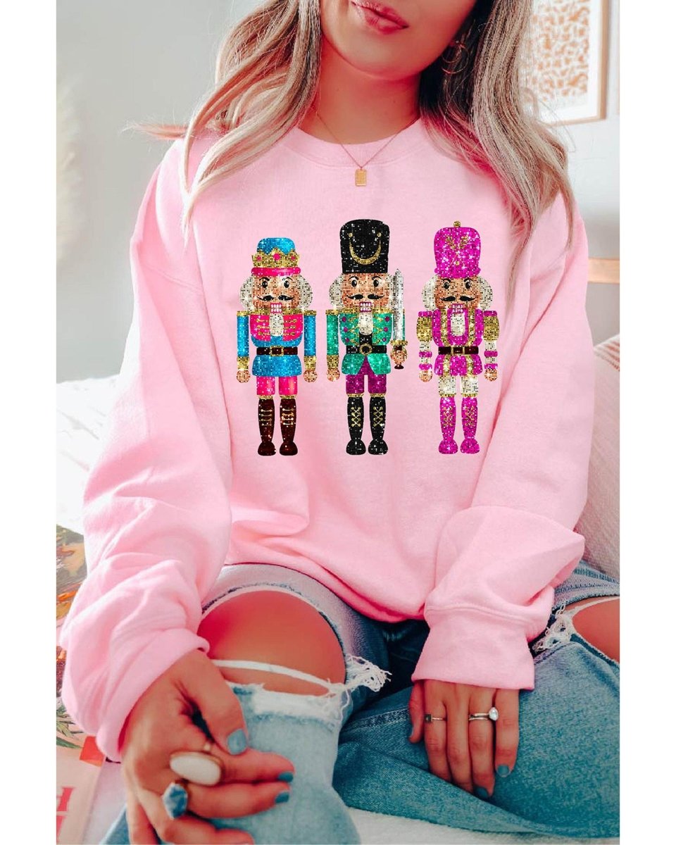 Pink Cute Nutcracker Printed Drop Shoulder Christmas Sweatshirt - 2XL