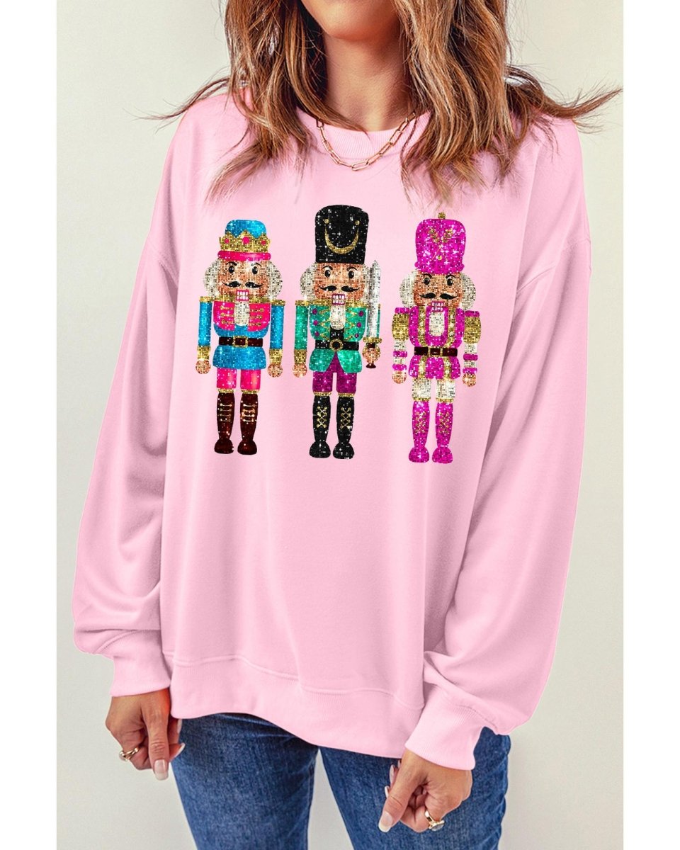 Pink Cute Nutcracker Printed Drop Shoulder Christmas Sweatshirt - M