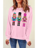 Pink Cute Nutcracker Printed Drop Shoulder Christmas Sweatshirt - M