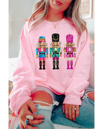 Pink Cute Nutcracker Printed Drop Shoulder Christmas Sweatshirt - M