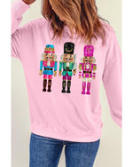 Pink Cute Nutcracker Printed Drop Shoulder Christmas Sweatshirt - M