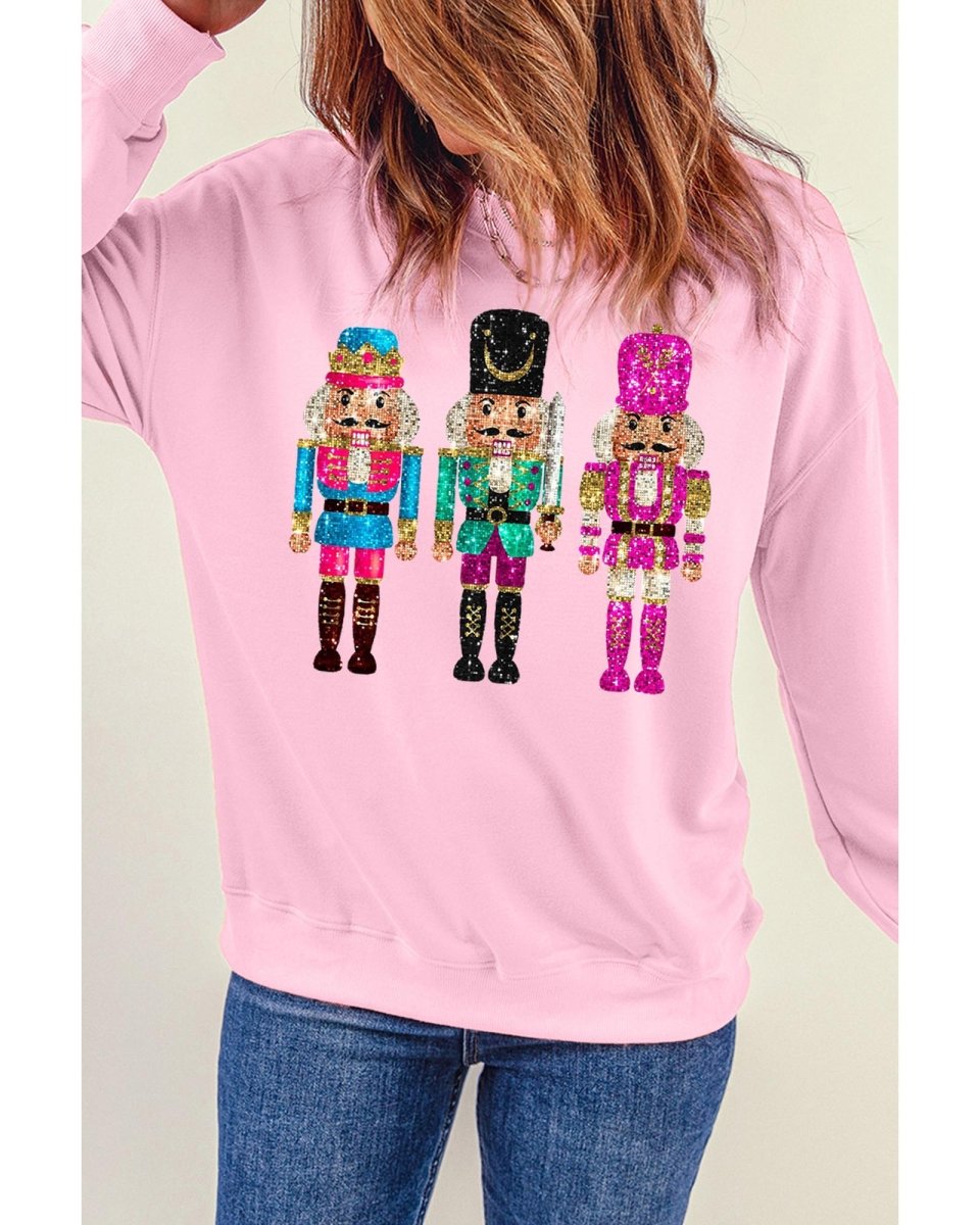 Pink Cute Nutcracker Printed Drop Shoulder Christmas Sweatshirt - M