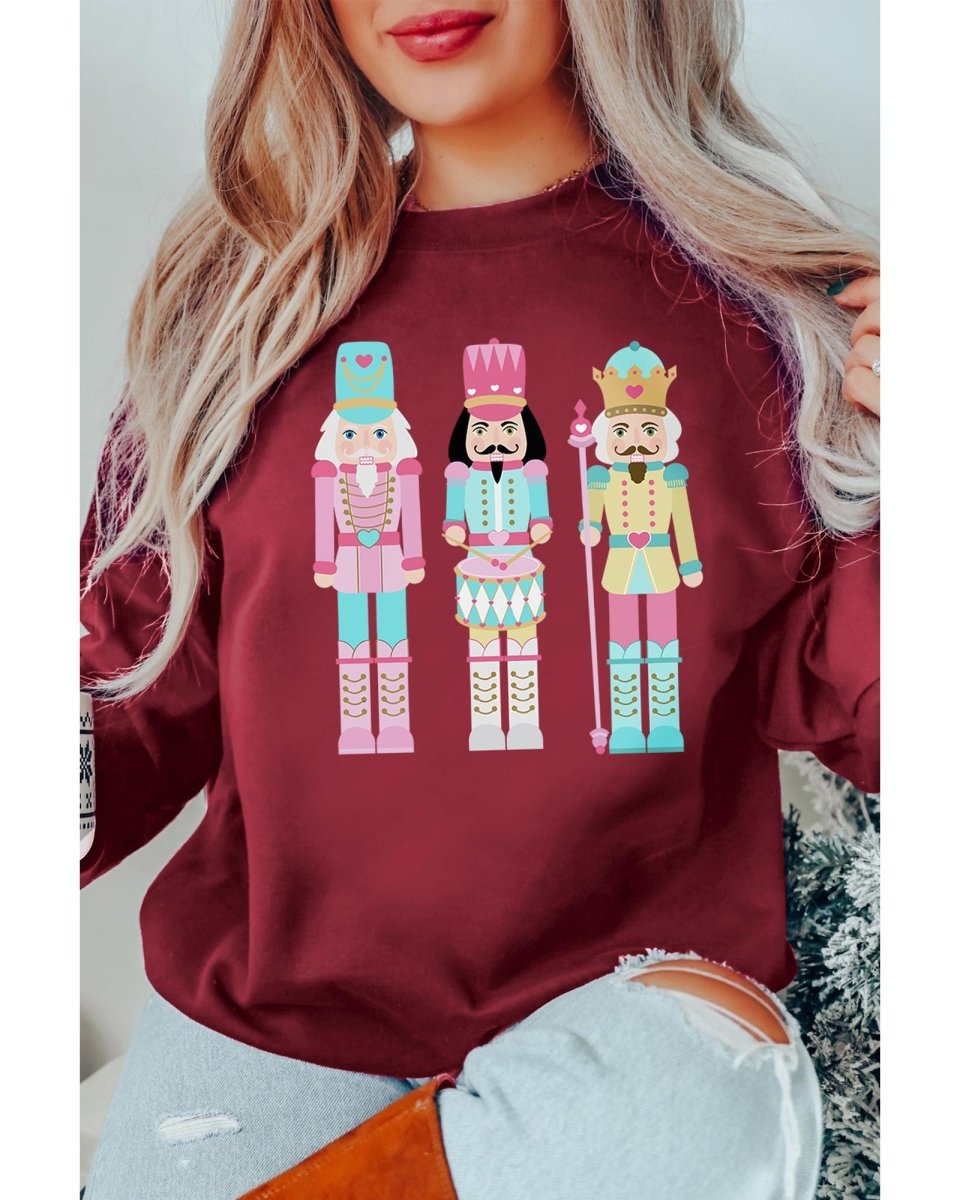 Burgundy Nutcracker Graphic Drop Shoulder Christmas Sweatshirt - L