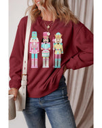 Burgundy Nutcracker Graphic Drop Shoulder Christmas Sweatshirt - L