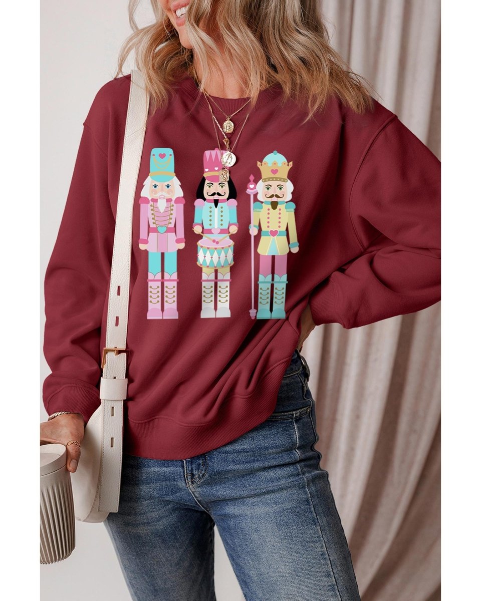 Burgundy Nutcracker Graphic Drop Shoulder Christmas Sweatshirt - L