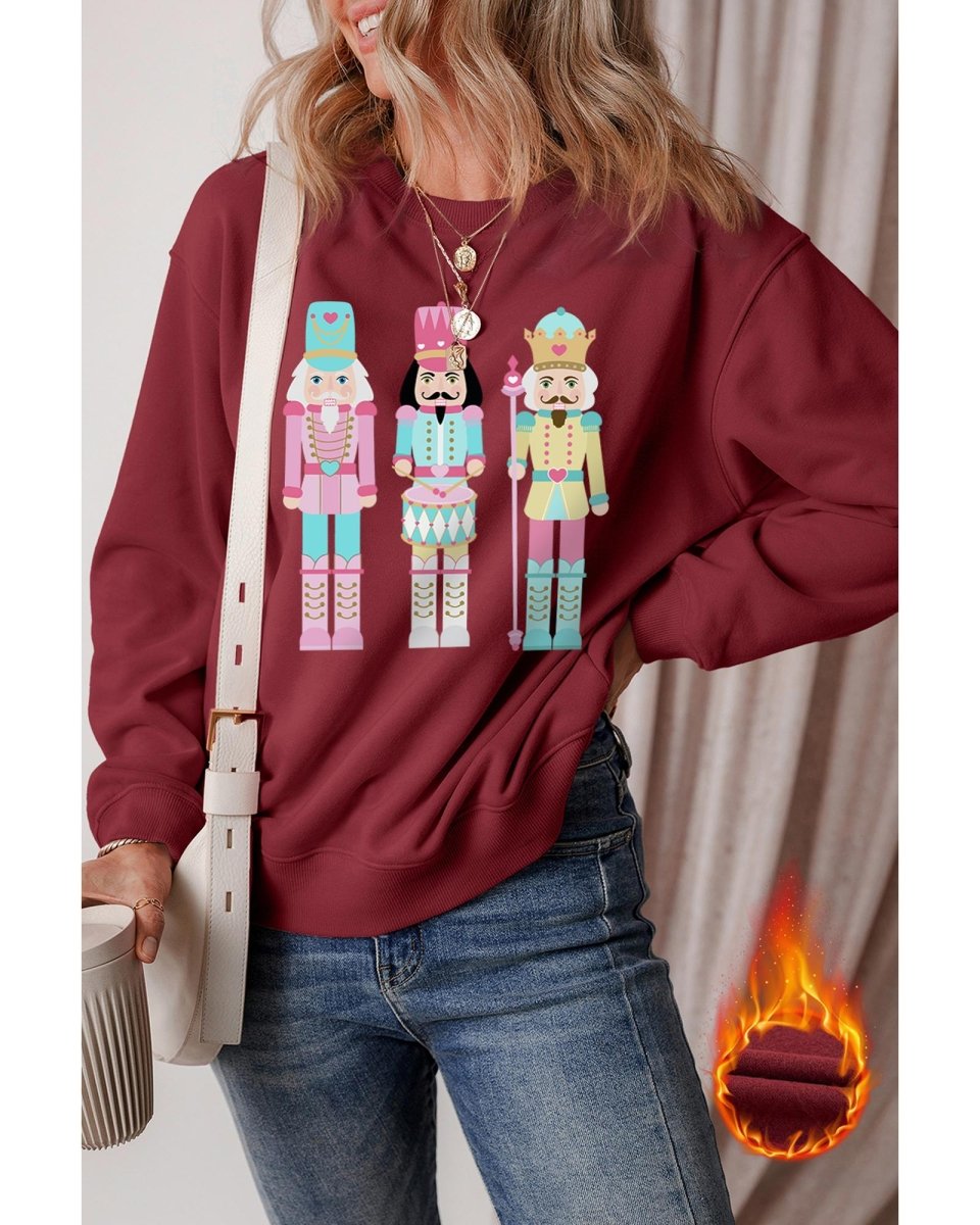 Burgundy Nutcracker Graphic Drop Shoulder Christmas Sweatshirt - M