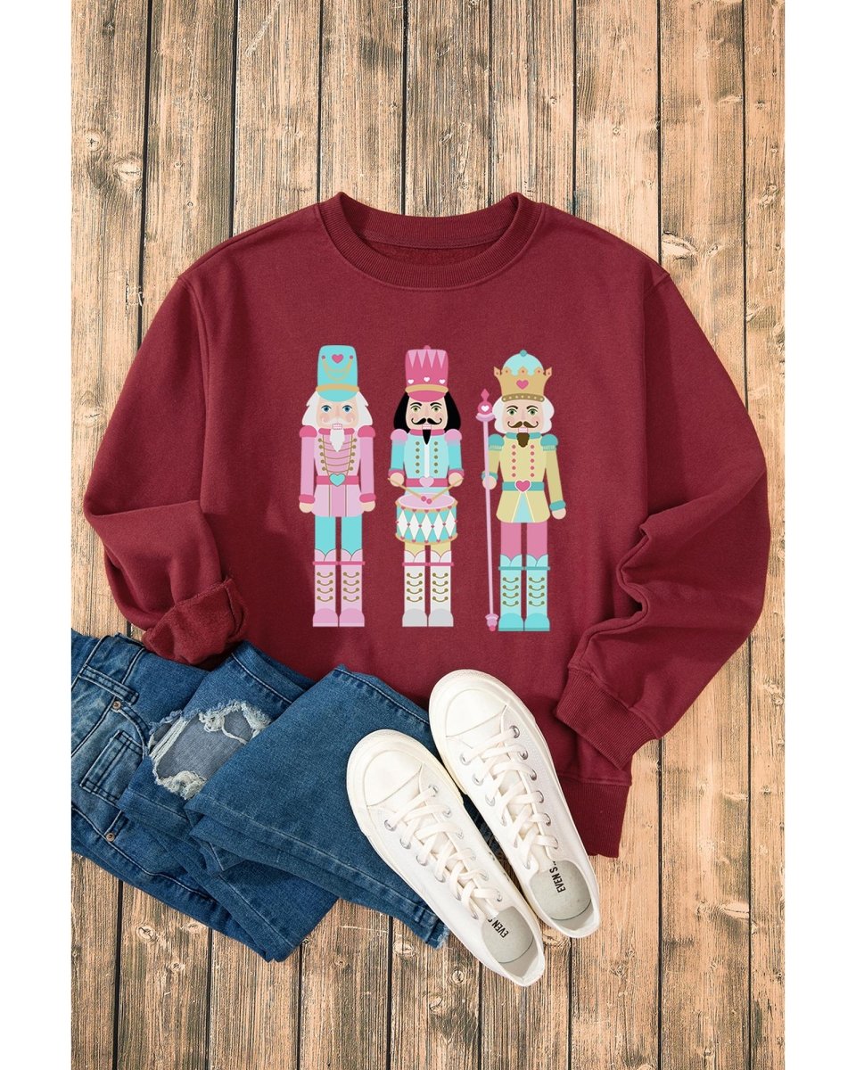 Burgundy Nutcracker Graphic Drop Shoulder Christmas Sweatshirt - M