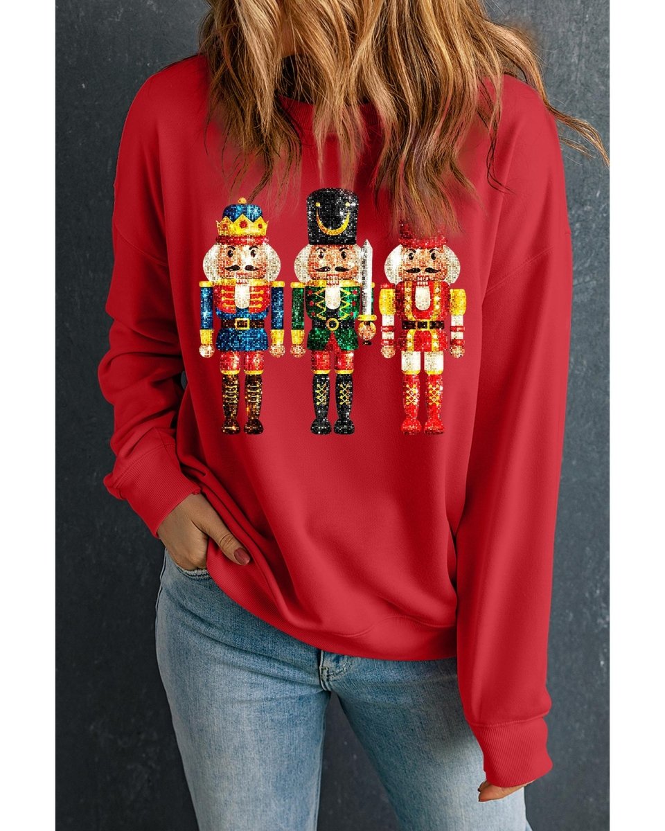 Red Christmas Metallic Nutcracker Graphic Crew Neck Sweatshirt - 2XL