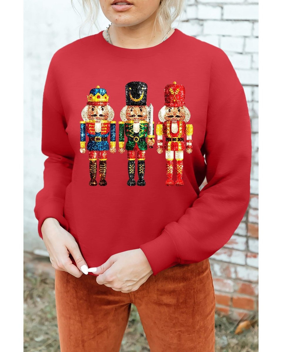Red Christmas Metallic Nutcracker Graphic Crew Neck Sweatshirt - S