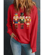 Red Christmas Metallic Nutcracker Graphic Crew Neck Sweatshirt - S