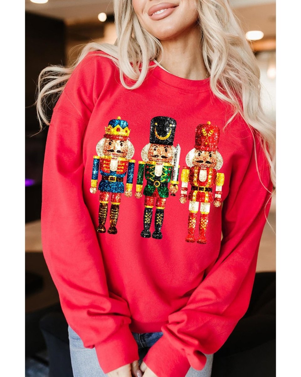 Red Christmas Metallic Nutcracker Graphic Crew Neck Sweatshirt - XL