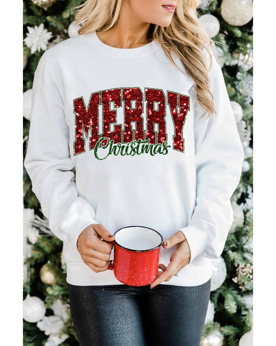 Beige MERRY Christmas Heat Transfer Printing Crewneck Pullover Sweatshirt - L